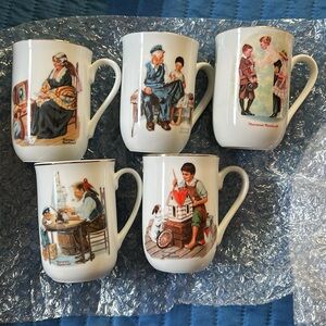 6 ,Norman Rockwell Mugs - Red, Blue, White Illustrations. (2 of the same)